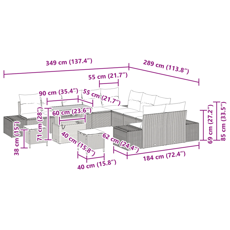 vidaXL Dārza dīvānu komplekts ar spilvenu 13 pcs Melna poliratāns
