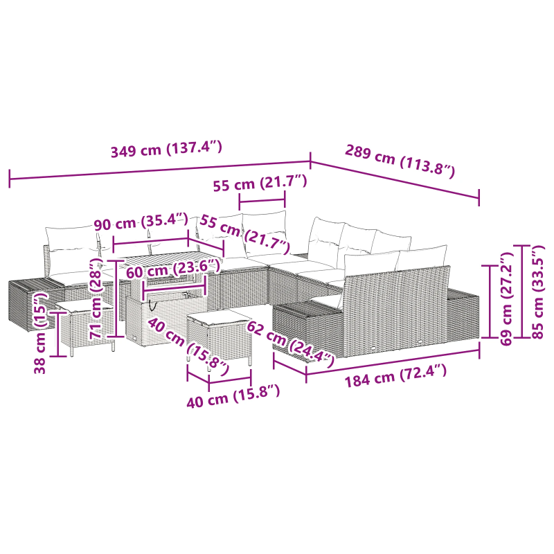 vidaXL Dārza dīvānu komplekts 13 pcs Bēša Poliūtu rotangpalma
