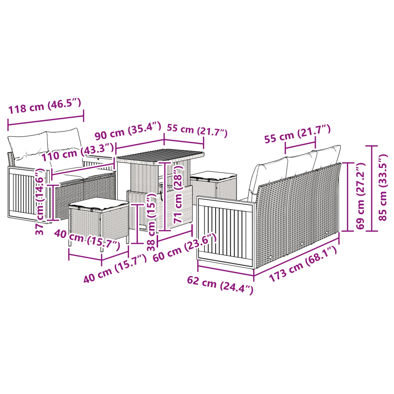 vidaXL Dārza dīvānu komplekts ar spilvenu 8 pcs bēša un gaiši pelēka