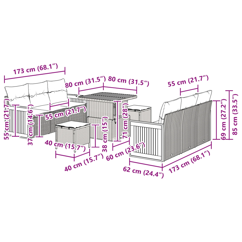 vidaXL Dārza dīvānu komplekts ar spilvenu 9 pcs Pelēka