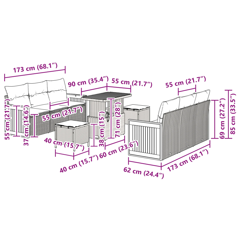 vidaXL Dārza dīvānu komplekts ar spilvenu 9 pcs Melns un Krēmkrāsa