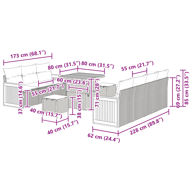 vidaXL Dārza dīvānu komplekts ar spilvenu 10 pcs Pelēka