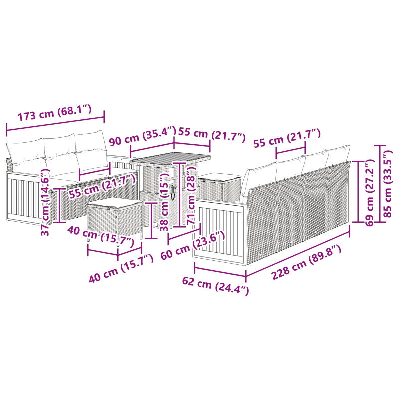vidaXL Dārza dīvānu komplekts ar spilvenu 10 pcs Melna un krēmkrāsas