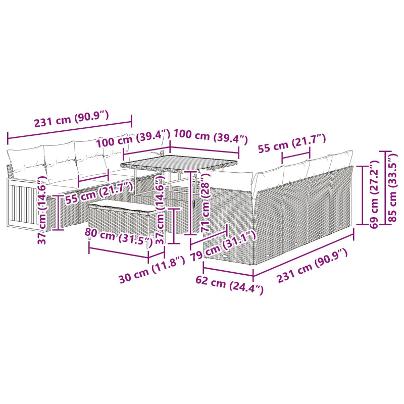 vidaXL Dārza dīvānu komplekts ar spilvenu 11 pcs Melna un krēmkrāsas