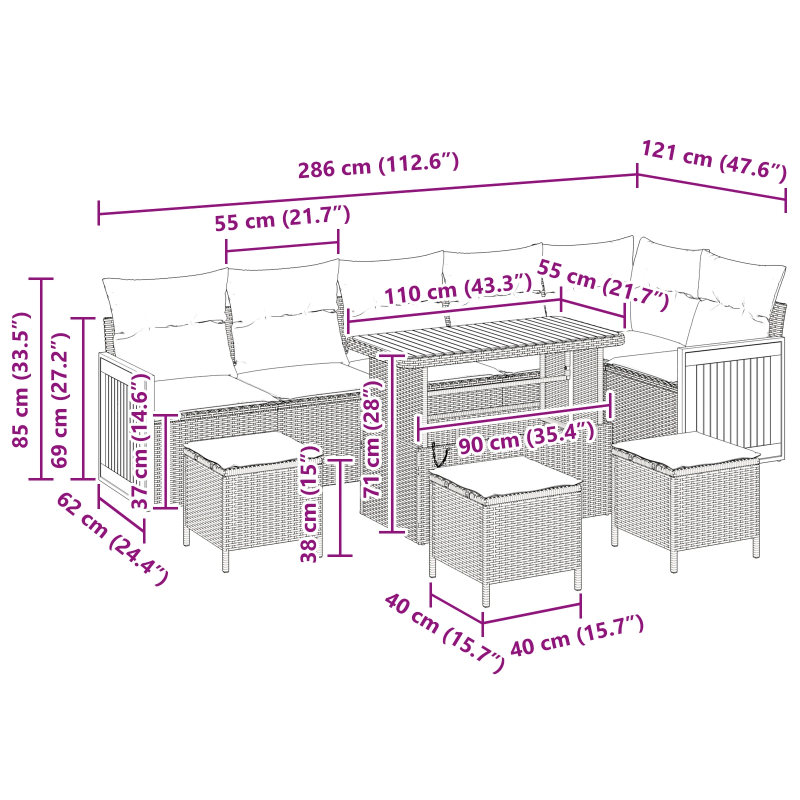 vidaXL Dārza dīvānu komplekts ar spilvenu 10 pcs Pelēka