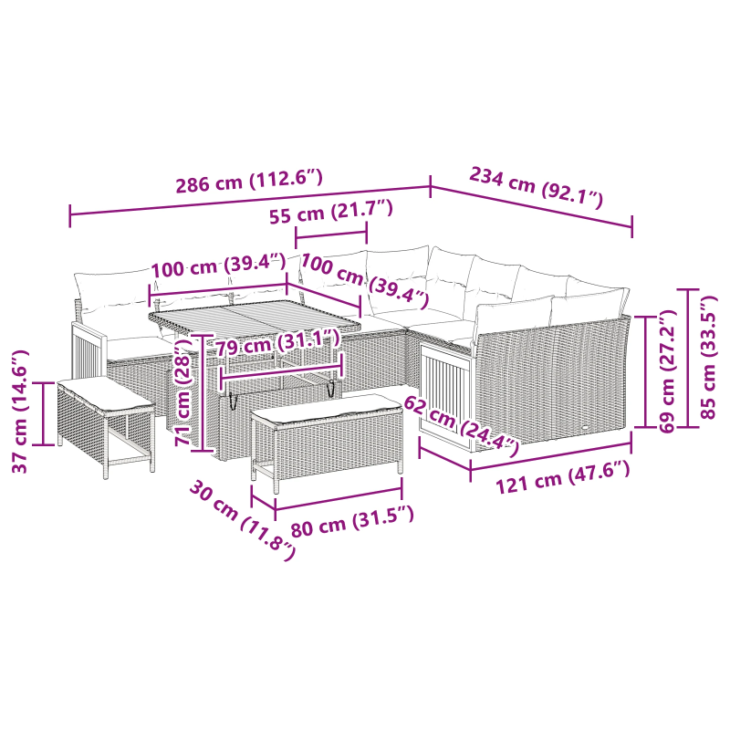 vidaXL Dārza dīvānu komplekts 12 pcs Melna 100 x 100 x 71 cm