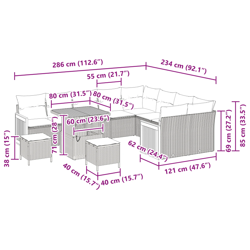 vidaXL Dārza dīvānu komplekts 12 pcs bēša un krēmkrāsa 80 x 80 x 71 cm