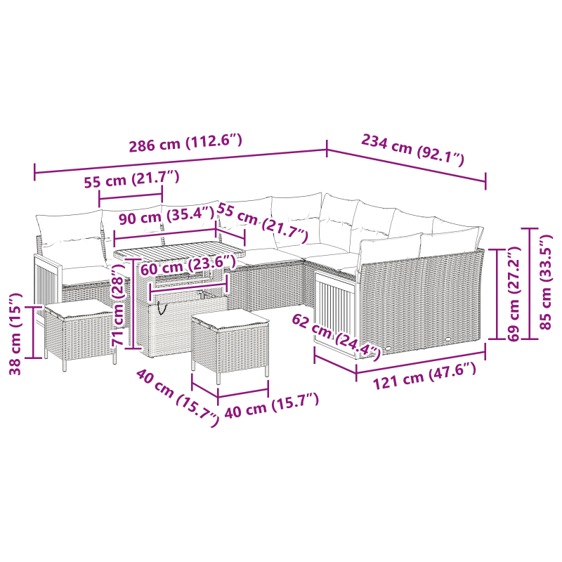vidaXL Dārza dīvānu komplekts ar spilvenu 12 pcs Melna 90 x 55 x 71 cm
