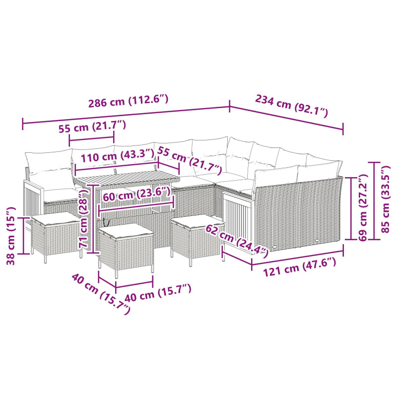 vidaXL Dārza dīvānu komplekts ar spilvenu 12 pcs Melna un krēmkrāsas
