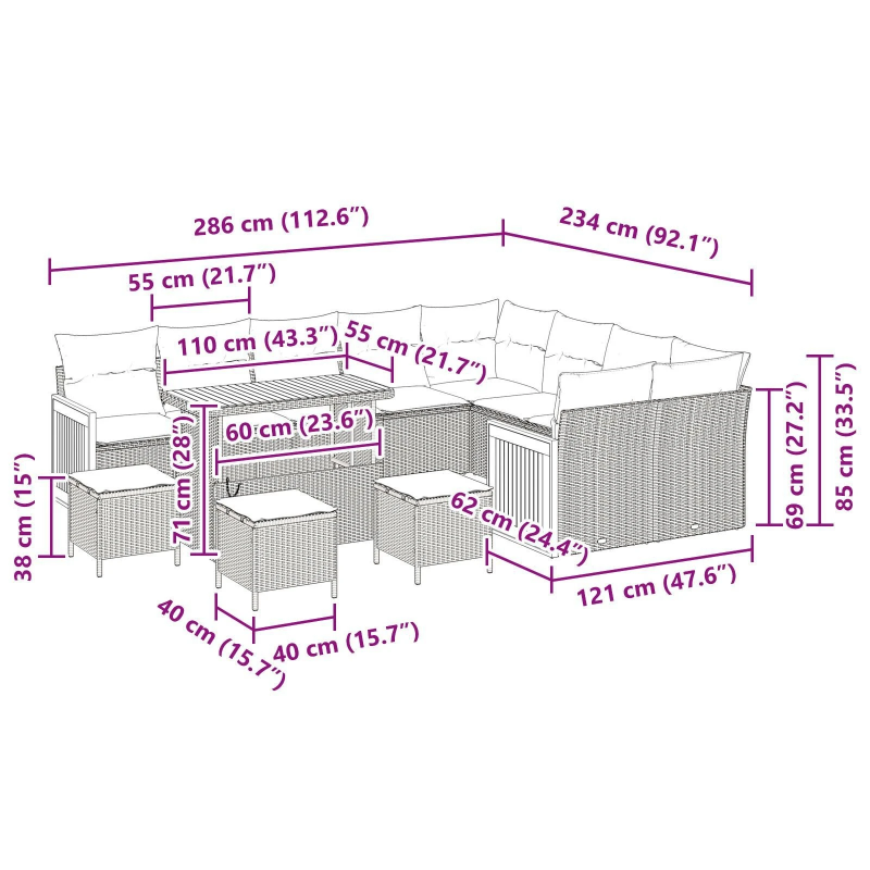 vidaXL Dārza dīvānu komplekts 12 pcs Pelēka 90 x 55 x 71 cm