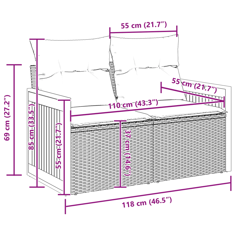 vidaXL Dārza dīvānu komplekts 13 pcs Melna 110 x 55 x 71 cm