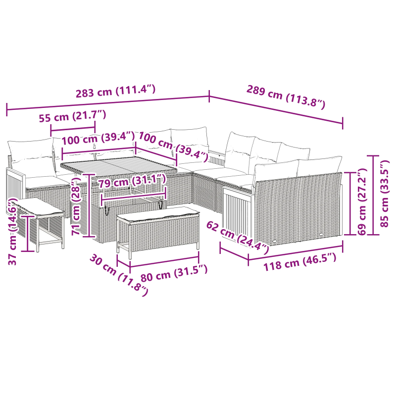 vidaXL Dārza dīvānu komplekts ar spilvenu 13 pcs bēša un krēmkrāsa
