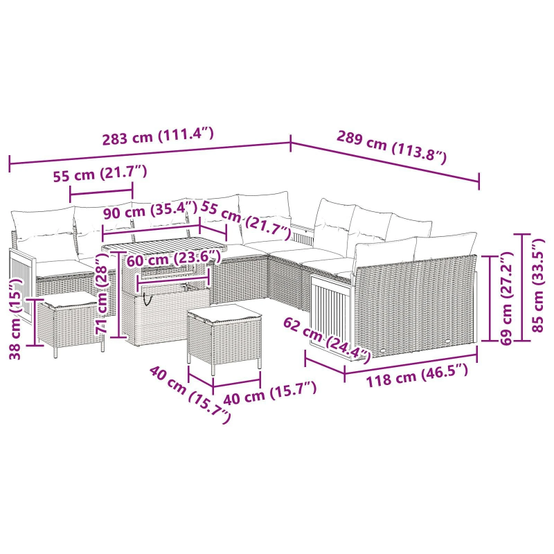 vidaXL Dārza dīvānu komplekts ar spilvenu 13 pcs Melna un krēmkrāsas
