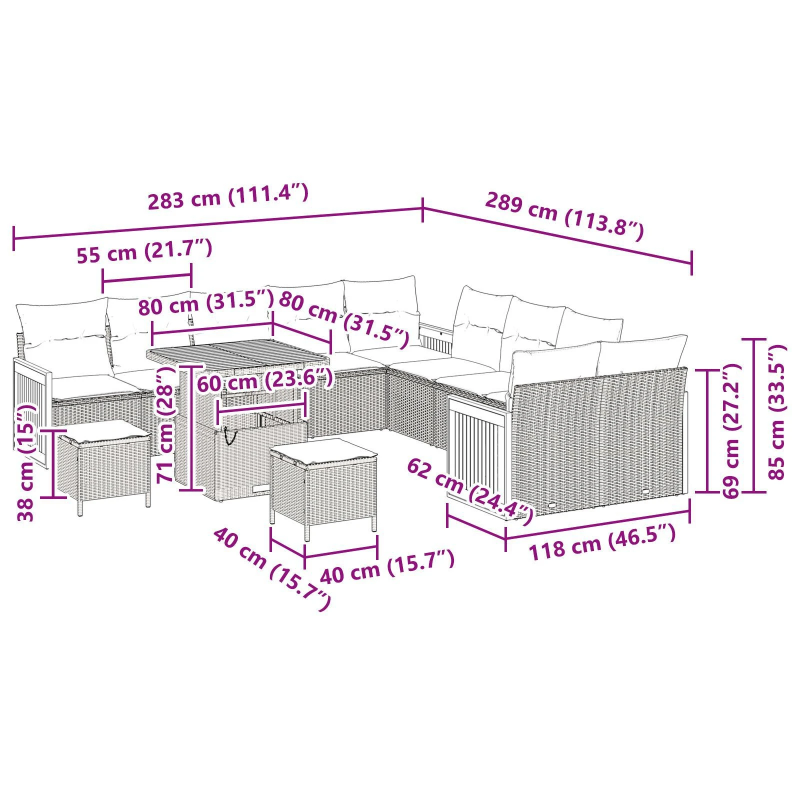 vidaXL Dārza dīvānu komplekts ar spilvenu 13 pcs Bēša un gaiši pelēka