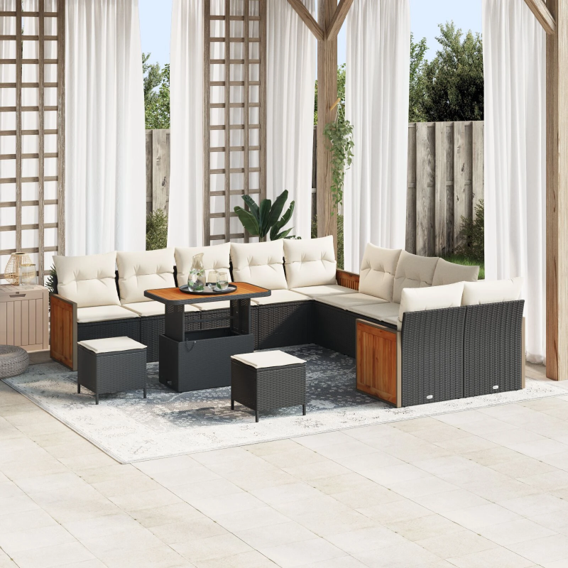 vidaXL Dārza dīvānu komplekts ar spilvenu 13 pcs Melns un Krēmkrāsa