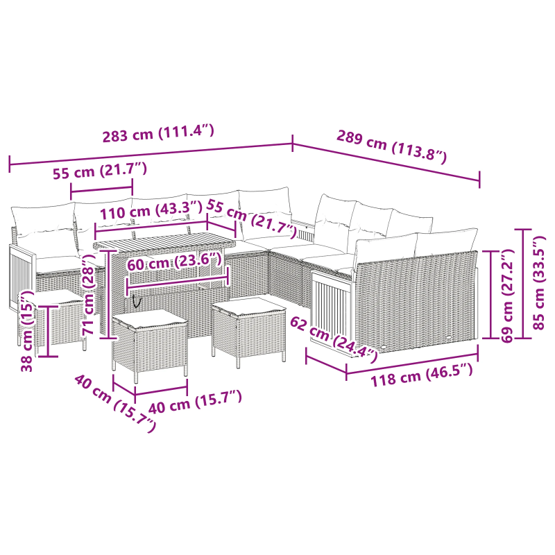 vidaXL Dārza dīvānu komplekts ar spilvenu 14 pcs bēša un krēmkrāsa