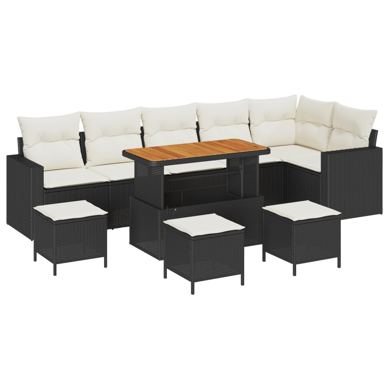 vidaXL Dārza dīvānu komplekts ar spilvenu 10 pcs Melna un krēmkrāsas