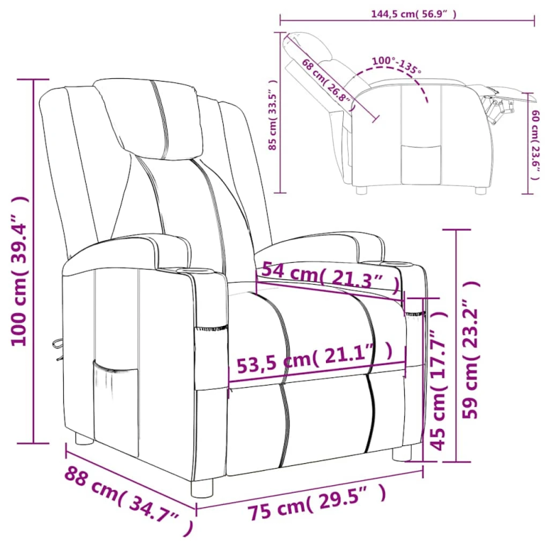 vidaXL atpūtas krēsls, atgāžams, vīnsarkana mākslīgā āda