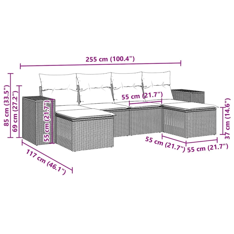 vidaXL 6-daļīgs dārza dīvānu komplekts,matrači, gaiši pelēka PE pinums