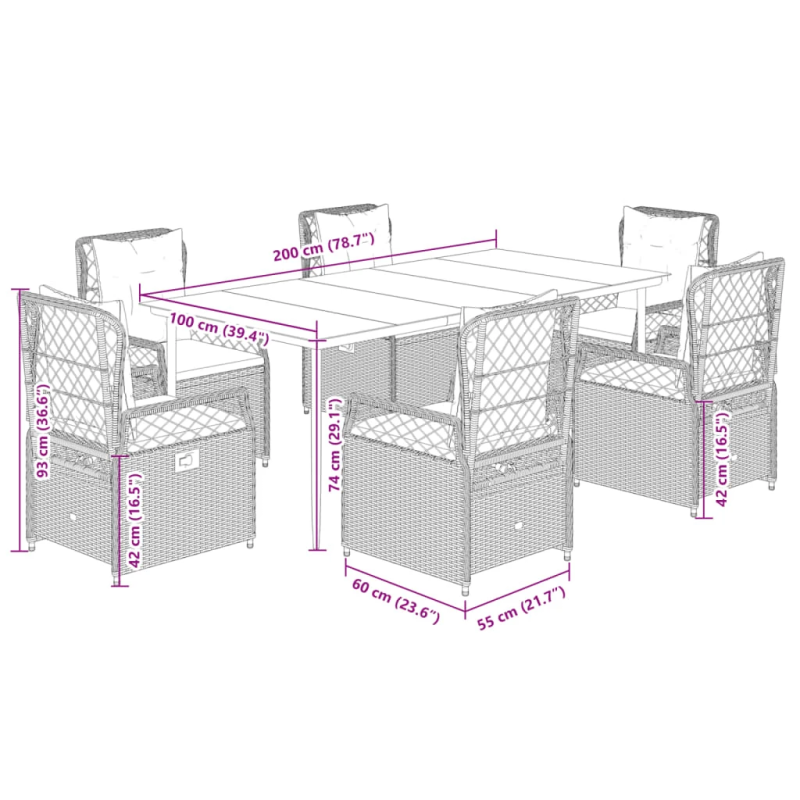 vidaXL 7-daļīgs dārza mēbeļu komplekts, matrači, bēša PE rotangpalma