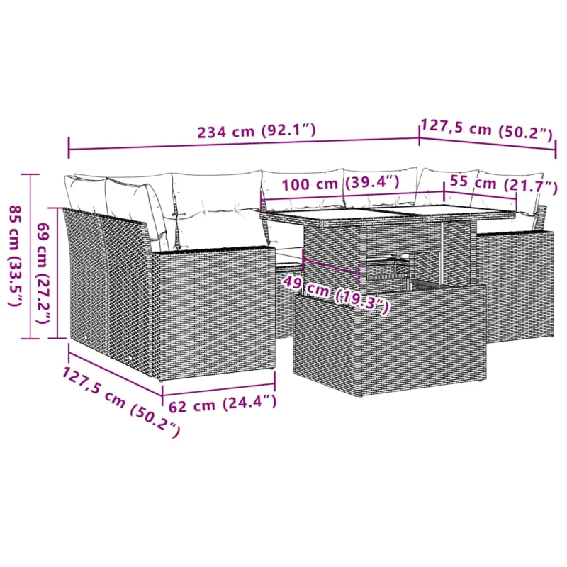 vidaXL 7-daļīgs dārza dīvāna komplekts, matrači, bēša PE rotangpalma