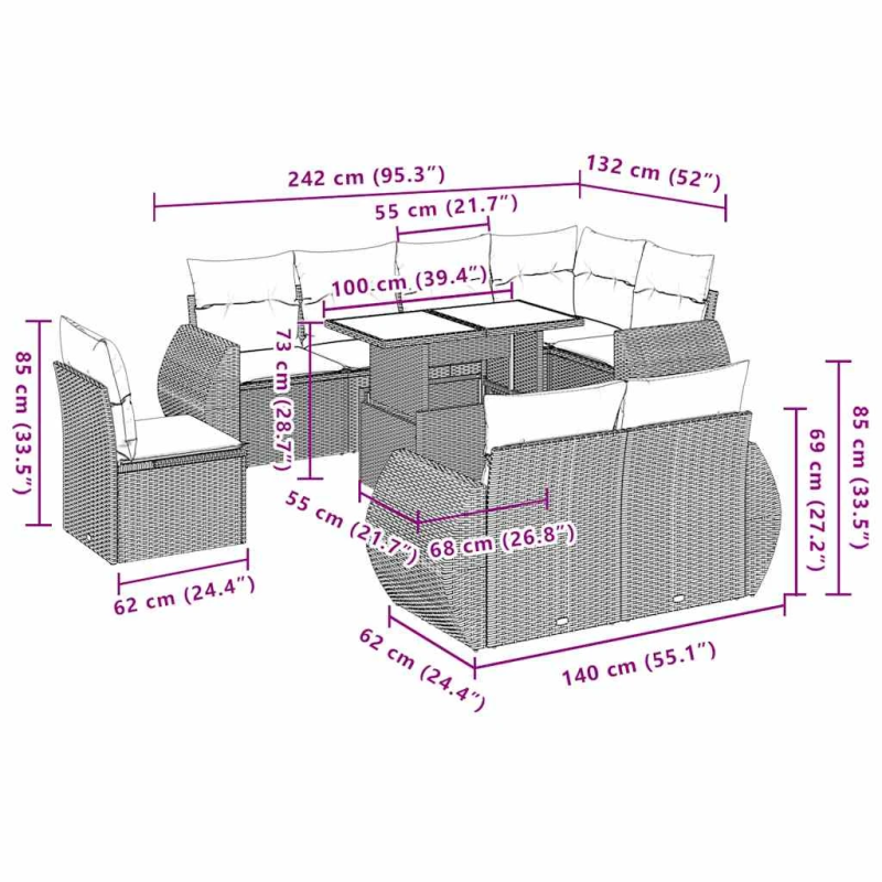 vidaXL 9-daļīgs dārza dīvāna komplekts,matrači, gaiši pelēka PE pinums