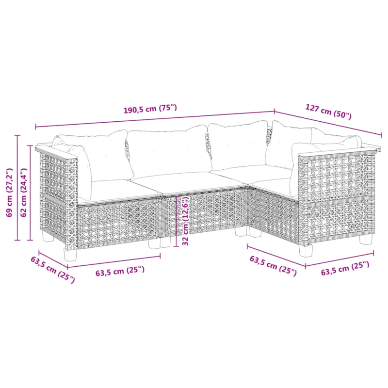 vidaXL 4-daļīgs dārza dīvāna komplekts ar matračiem, pelēks PE pinums
