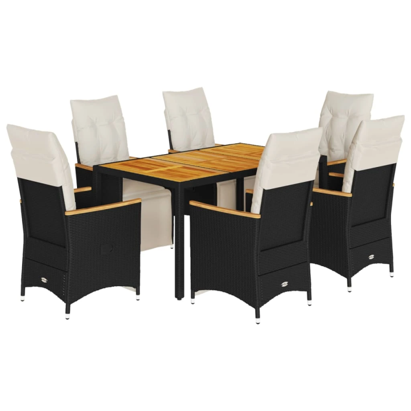 vidaXL 7-daļīgs bistro mēbeļu komplekts, matrači, melna PE