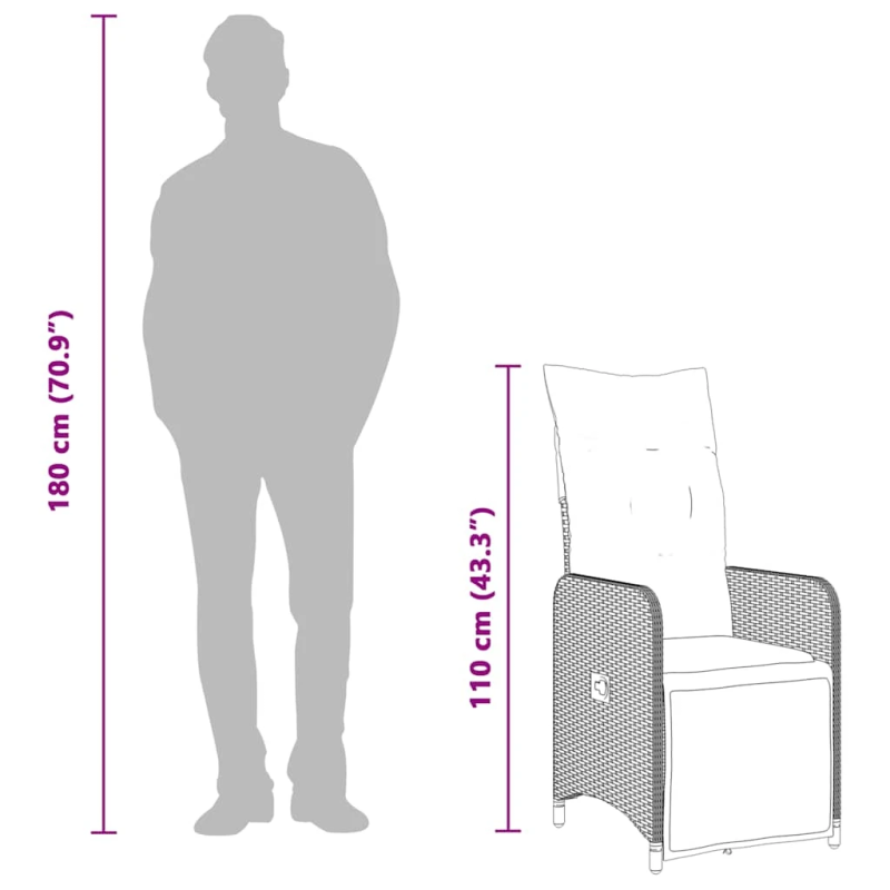 vidaXL 7-daļīgs bistro mēbeļu komplekts, matrači, melna PE