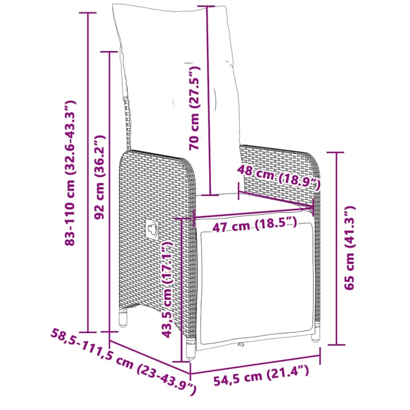 vidaXL 7-daļīgs bistro mēbeļu komplekts, matrači, melna PE