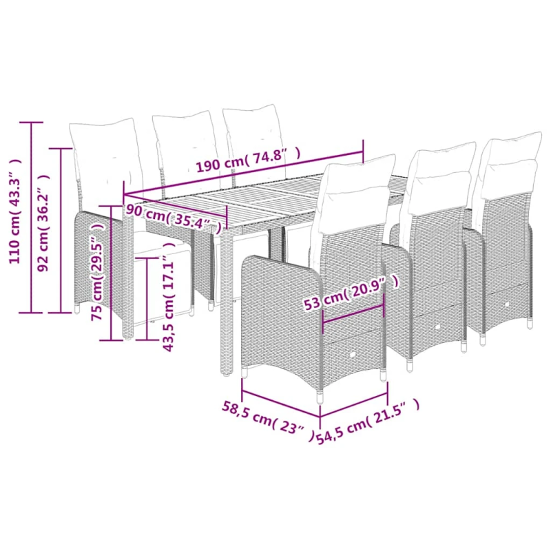 vidaXL 7-daļīgs bistro mēbeļu komplekts, matrači, pelēks PE