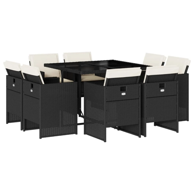 vidaXL 9-daļīgs dārza mēbeļu komplekts, matrači, melns, PE rotangpalma