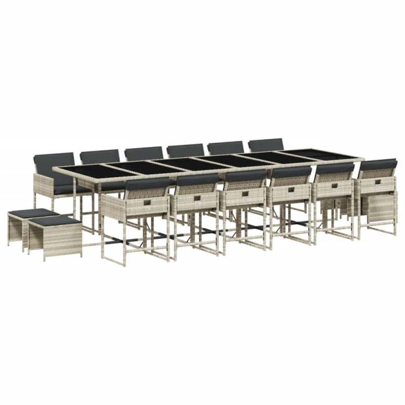 vidaXL 17-daļīgs dārza mēbeļu komplekts ar matračiem, gaiši pelēka PE