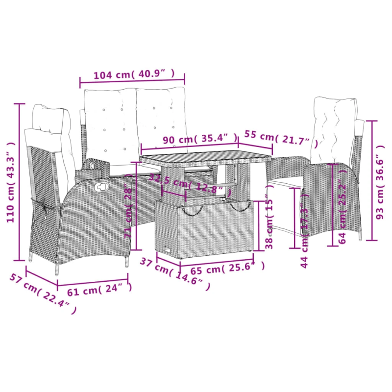 vidaXL 4-daļīgs dārza mēbeļu komplekts, pelēka PE rotangpalma