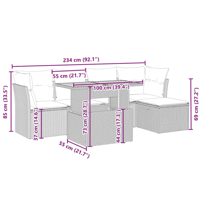 vidaXL 6-daļīgs dārza dīvāna komplekts, matrači, bēša PE rotangpalma