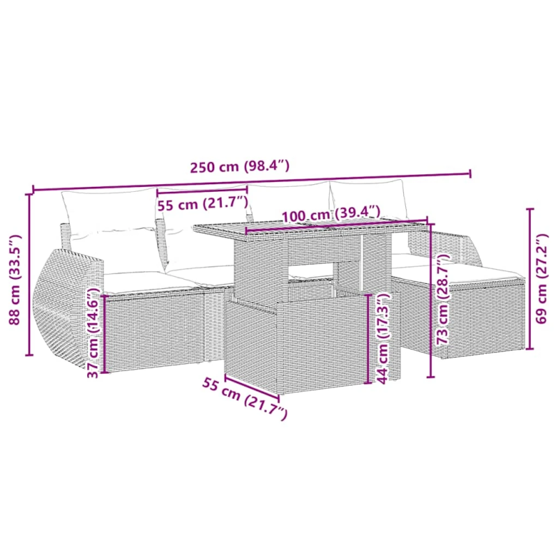 vidaXL 6-daļīgs dārza dīvāna komplekts, matrači, bēša PE rotangpalma