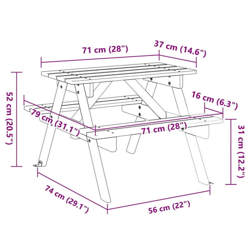 vidaXL piknika galds 4 bērniem ar lietussarga caurumu, egles masīvkoks