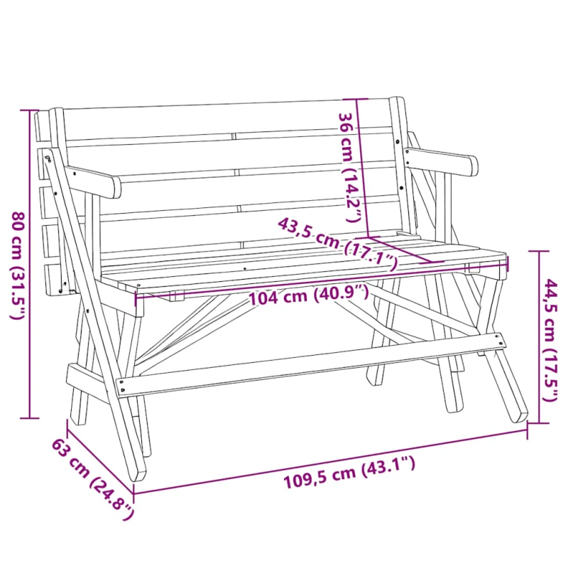 vidaXL piknika galds ar soliem, egles masīvkoks, pārveidojams