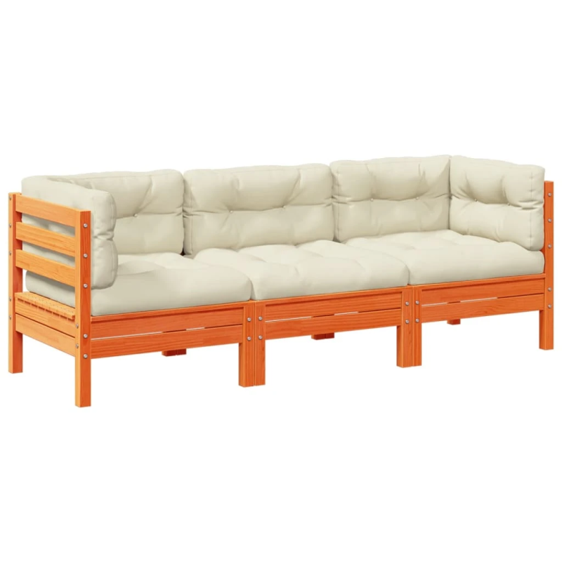 vidaXL 3-daļīgs dārza dīvānu komplekts, matrači, brūns priedes koks