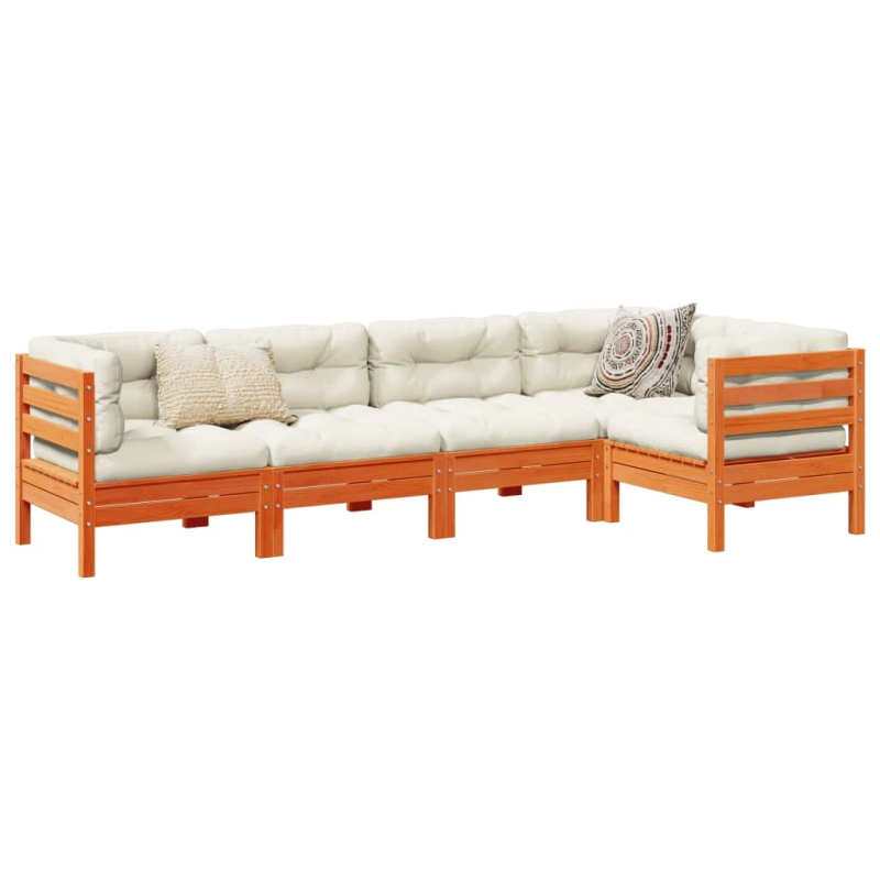 vidaXL 5-daļīgs dārza dīvānu komplekts, matrači, brūns priedes koks