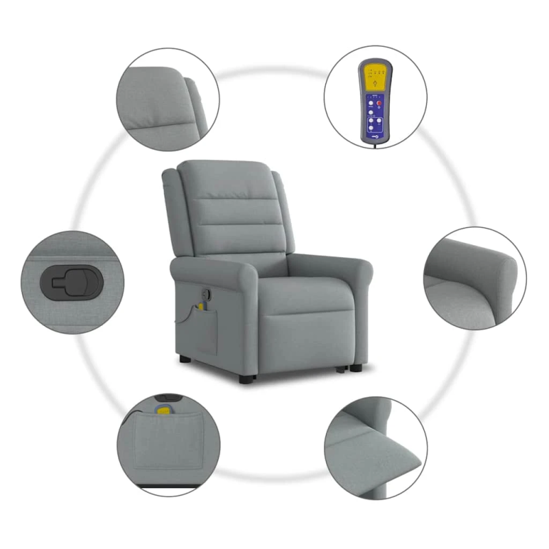 vidaXL masāžas krēsls, paceļams, atgāžams, gaiši pelēks audums