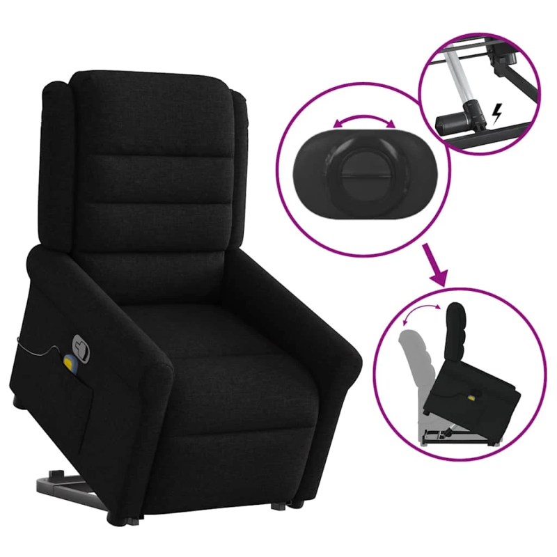 vidaXL masāžas krēsls, paceļams, atgāžams, melns audums