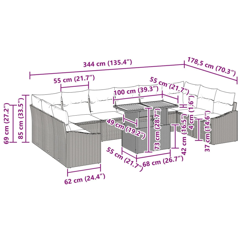 vidaXL Dārza ēdamgalds ar spilvenu ar spilvenu 11 pcs Bēšs un krēms