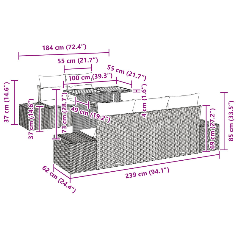 vidaXL Dārza ēdamgalds ar spilvenu ar spilvenu 6 pcs Bēšs un pelēks