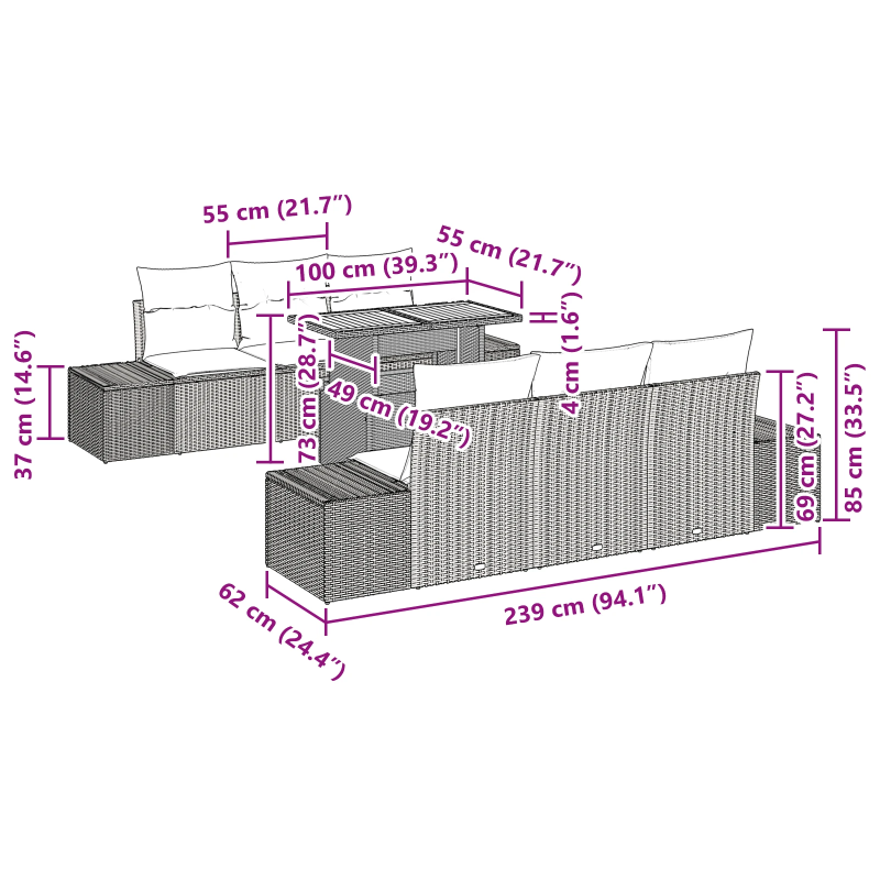 vidaXL Dārza ēdamgalds ar spilvenu ar spilvenu 7 pcs Pelēks un brūns