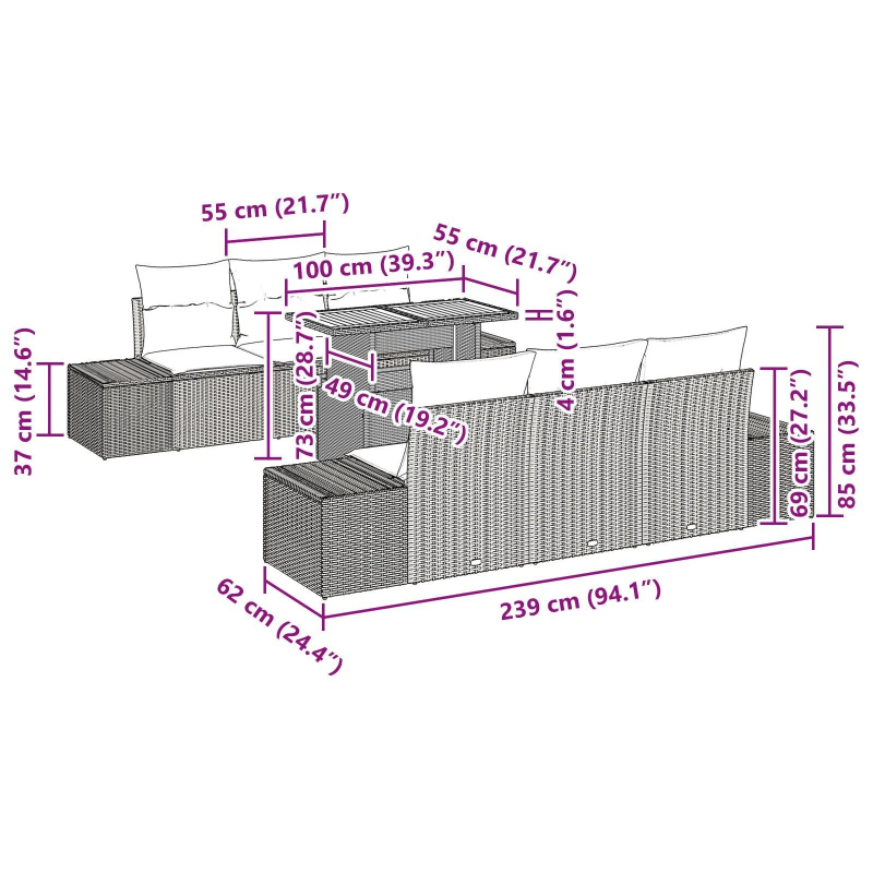 vidaXL Dārza ēdamgalds ar spilvenu ar spilvenu 7 pcs Melns un brūns