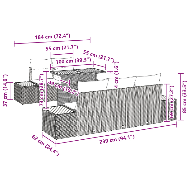 vidaXL Dārza ēdamgalds ar spilvenu ar spilvenu 6 pcs Melna un Beigē