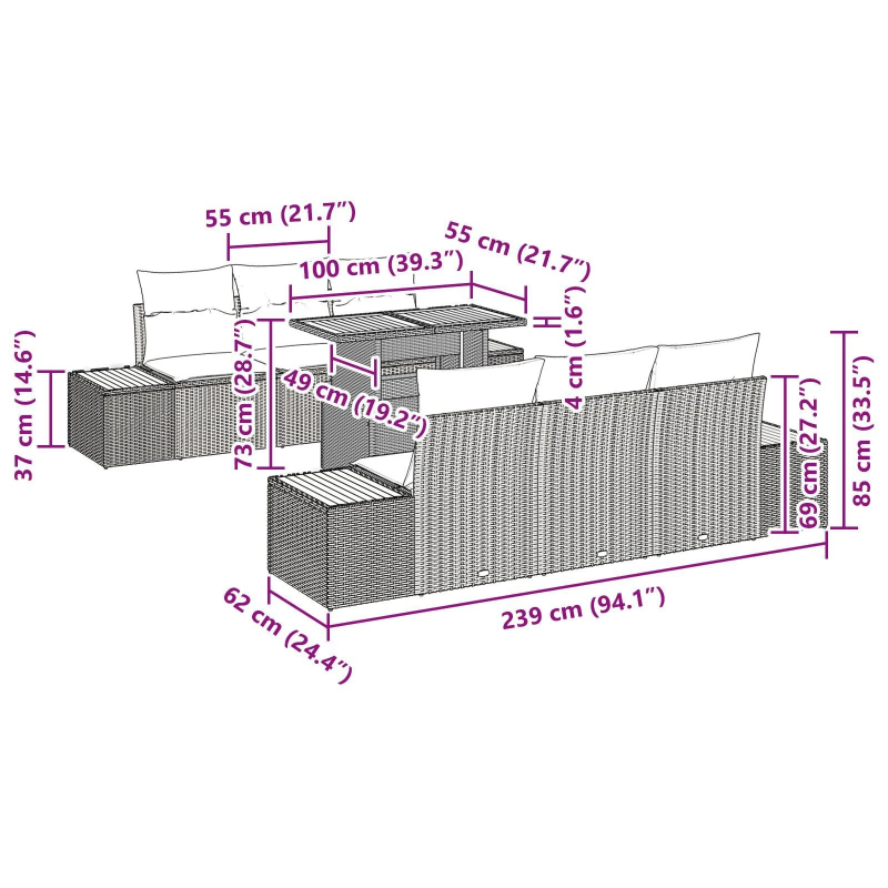 vidaXL Dārza ēdamgalds ar spilvenu ar spilvenu 7 pcs Melna un Beigē