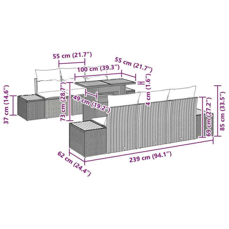 vidaXL Dārza ēdamgalds ar spilvenu ar spilvenu 7 pcs Melns un brūns