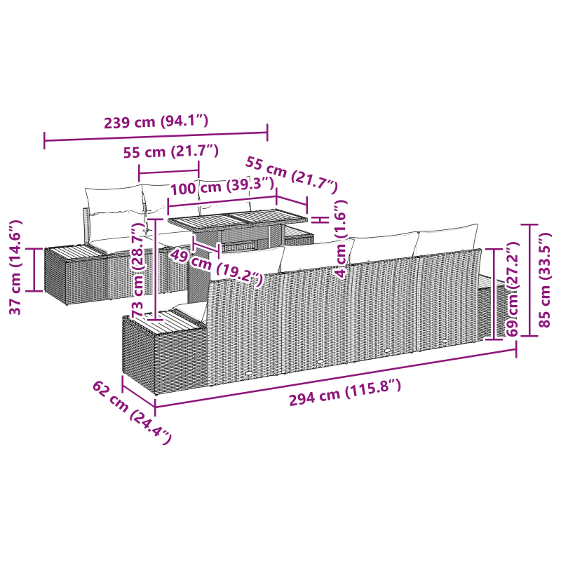 vidaXL Dārza dīvānu komplekts 8 pcs Pelēka Poliūtu rotangpalma